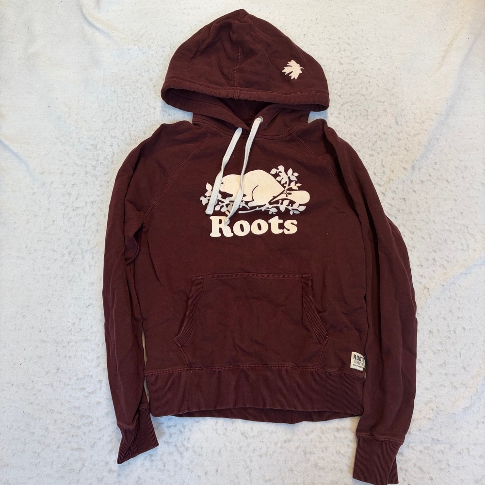 Roots Hoodie Womens Medium Maroon Graphic Logo Pullover Raglan